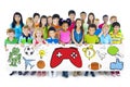 Group of Children Holding Board with Activities Symbol