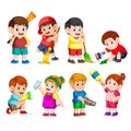 A group of children holding the cleaning tools to clean something