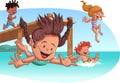 Group of children jumping from wooden pier into the water. Royalty Free Stock Photo