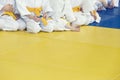 Group of children in kimono sitting on tatami