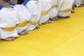 Group of children in kimono sitting on tatami on martial arts training seminar Royalty Free Stock Photo