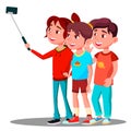 Group Of Children Make A Selfie Picture On Mobile Phone Vector. Isolated Illustration