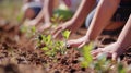 A group of children planting trees in a barren area symbolizing the positive impact of biofuels in helping restore the