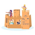 Group children play and build together cardboard castle, creative character female male plaything cartoon vector Royalty Free Stock Photo