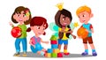 Group Of Children Playing With Colorful Toys On The Floor Vector. Isolated Illustration