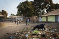 Group of children playing in a dirty street at the Bissaque neighborhood in the city of Bissau