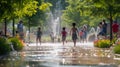 A group of children are playing in a fountain in a park AIG41 Royalty Free Stock Photo