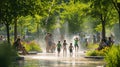 A group of children are playing in a fountain in a park AIG41 Royalty Free Stock Photo