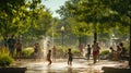 A group of children are playing in a fountain in a park AIG41 Royalty Free Stock Photo