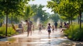 A group of children are playing in a fountain in a park AIG41 Royalty Free Stock Photo