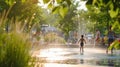 A group of children are playing in a fountain in a park AIG41 Royalty Free Stock Photo