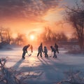 Group of children playing ice hockey on frozen lake in winter surrounded by trees.