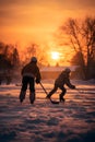 Group of children playing ice hockey on frozen lake in winter.