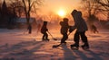 Group of children playing ice hockey on frozen lake in winter.