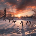 Group of children playing ice hockey on frozen lake in winter.