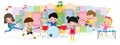 Group of children playing musical instruments, Cartoon dancing kids, cute child musician various actions playing music. Play music