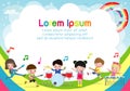 Group of children playing musical instruments, Cartoon dancing kids,Template for advertising brochure, poster your text