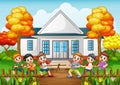 Group of children playing tug of war in front house Royalty Free Stock Photo