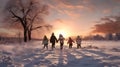 Group of children running away from camera, having fun outdoors in winter.