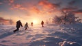 Group of children running away from camera, having fun outdoors in winter.