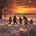 Group of children running away from camera, having fun outdoors in winter. Royalty Free Stock Photo