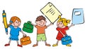 Group of children and school equipment, schoolbags, pen and exercise book Royalty Free Stock Photo