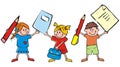 Group of children and school equipments, funny vector illustration