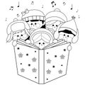 Group of children singing Christmas carols. Black and white coloring page