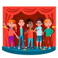 Group Of Children Singing Into The Microphone On Stage Vector. Isolated Illustration Royalty Free Stock Photo