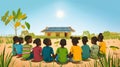 A group of children sitting in a circle listening intently as a community leader explains the benefits of solar power Royalty Free Stock Photo