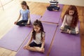 Group Of Children Sitting On Exercise Mats And Meditating In Yoga Studio Royalty Free Stock Photo
