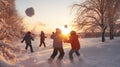 Group of children doing snowball fight, having fun outdoors in winter countryside. Royalty Free Stock Photo