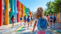 A group of children are walking down a street with backpacks Royalty Free Stock Photo