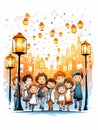 Group Of Children Walking On A Street With Lanterns Royalty Free Stock Photo