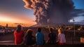 Group of children watching the eruption of volcano Etna, Sicily, Italy. Generative AI Royalty Free Stock Photo