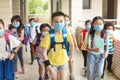 Group of children wearing face mask back at school after covid-19 quarantine