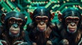 Group of Chimpanzee Monkeys in Front of a Computer Circuit Board Royalty Free Stock Photo
