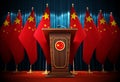 Group of Chinese flags standing next to lectern in the conference hall. 3D illustration