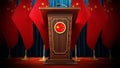 Group of Chinese flags standing next to lectern in the conference hall. 3D illustration