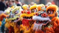 A group of chinese lion dancers perform in a street. Dongzhi Festival