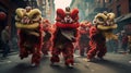 A group of chinese lion dancers perform in a street. Dongzhi Festival