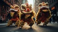 A group of chinese lion dancers perform in a street. Dongzhi Festival