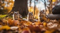 A group of chippers sitting on top of a pile of leaves. Generative AI image. Royalty Free Stock Photo