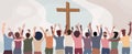 Group of Christians seen from behind with hands raised towards the crucifix praying or singing Royalty Free Stock Photo