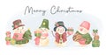 Group of 4 Christmas snowman character cartoon watercolor illustration vector for banner, merry christmas