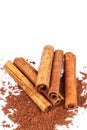 Group of cinnamon sticks on cacao powder, isolated on white background. Royalty Free Stock Photo