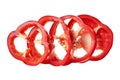 Group of circle pieces of tasty red fresh raw bulgarian pepper for cooking delicious salad or other food on breakfast