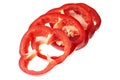 Group of circle pieces of tasty red fresh raw bulgarian pepper for cooking delicious salad or other food on breakfast