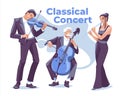 A group of classical or jazz music: a violinist, a cellist and a flautist.