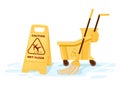 Group of cleaning tools wet floor sign mop bucket cleaning supplies flat vector illustration on white background Royalty Free Stock Photo